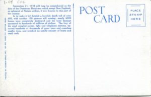 1.04 CPC - “No.6 – Brattle Street’s Beautiful Elms in Ruins, Cambridge, Mass. The Great New England Hurricane of 1938” ca.1938-1950 [Tichnor Bros., Inc., Boston, MA] Photograph: Boston Post (back)