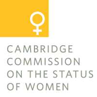 Yellow rectangle with women's symbol collaborative and words Cambridge Commission on the Status of Women