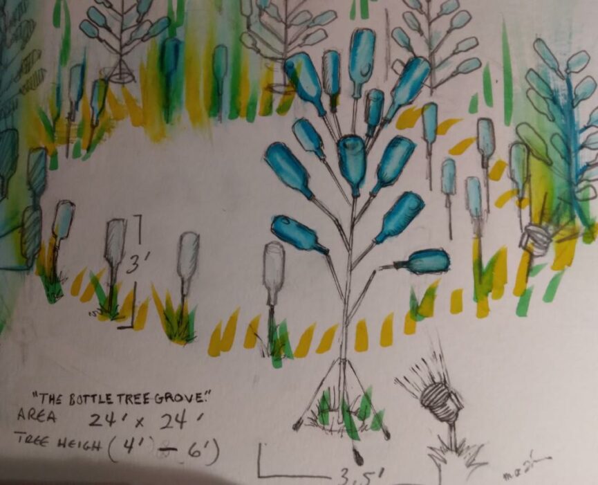illustration of trees with blue bottles on limbs