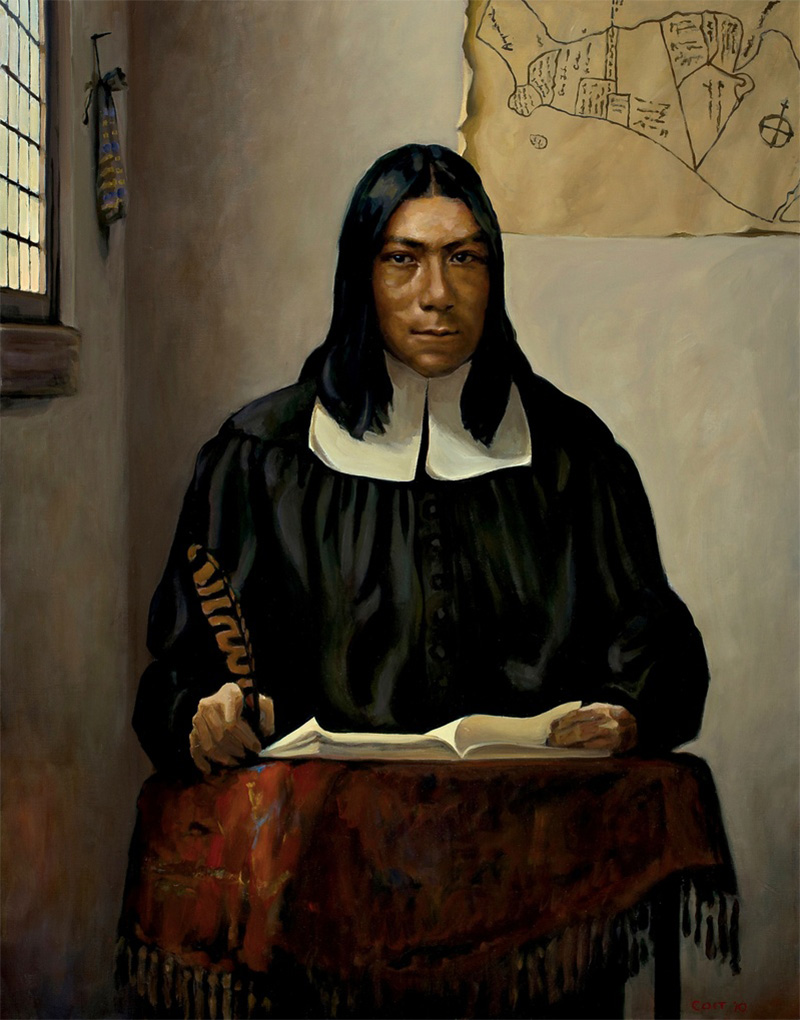 Caleb Cheeshahteaumuck was the first Native American to graduate from Harvard University. This portrait is by Stephen Coit, commissioned as part of the Harvard Foundation Portraiture Project, a diversity initiative.