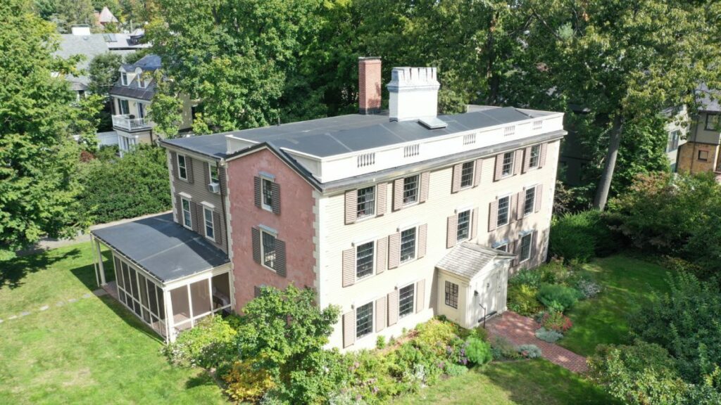 An aerial view of the front of the house