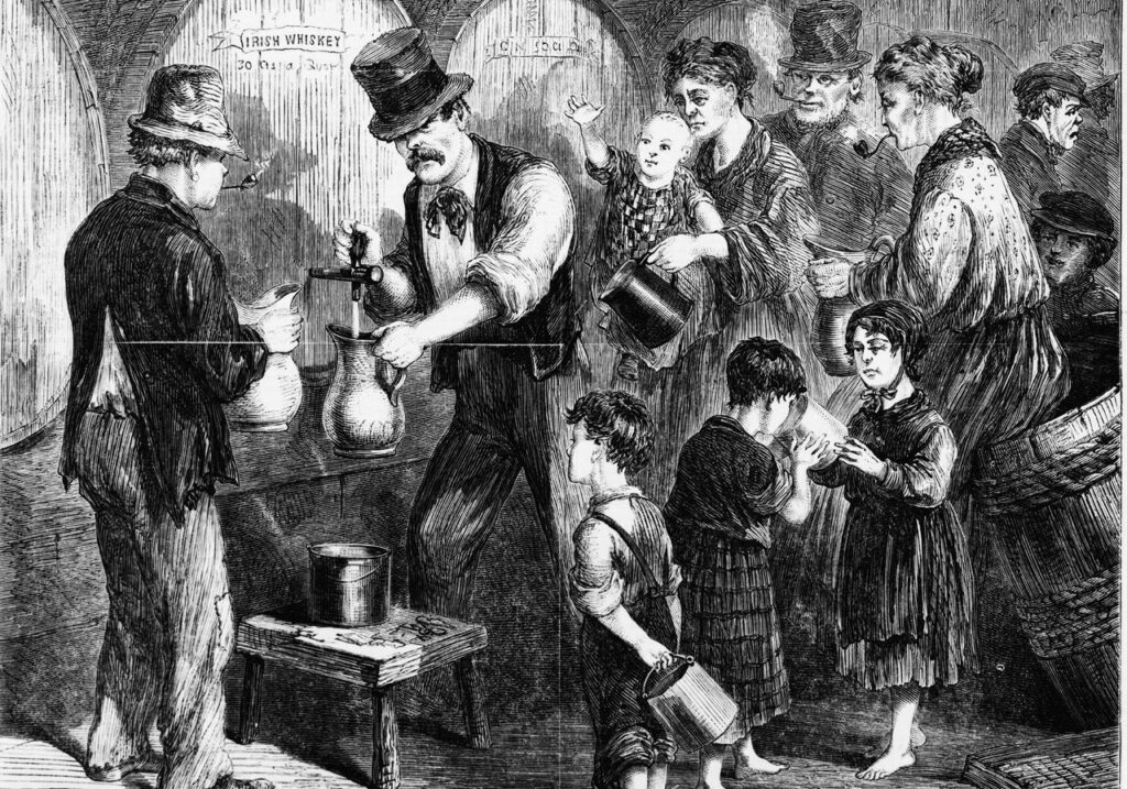 A political cartoon from the 1870s portrays Irish men, women, and even young children drinking whiskey. 