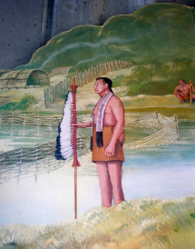 Painting of a person standing sideways in water holding a tall stick