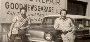 'Car Talk' hosts Ray and Tom Magliozzi at their newly-opened Good News Garage, Cambridge, 1973.