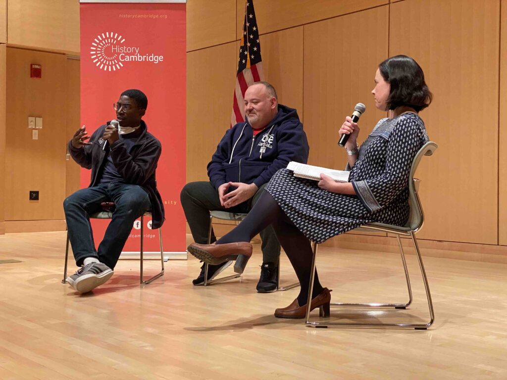 Beth Folsom, Bobby Travers, and Jonathan Tagoe during the Fall Conversation “How Does Cambridge Unionize?”
