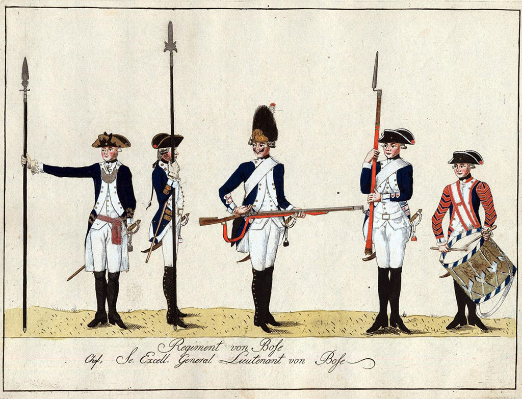 Illustration of Hessian Regiment fighting alongside the British Army, circa 1780.