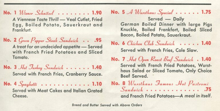 Text reads: "No. 1 Wiener schnitzel....1.90/No. 2 Green Pepper Steak Sandwich... .95/No.3 Hot Turkey Sandwich.... 1.40/No. 4 Spaghetti... 1.10/No.5 A Wursthaus Special... 1.75/ No.6 Chicken Club Sandwich... 1.40/ No. 7 Hot Open Roast Beef Sandwich .. 1.40/ No.8 Wursthaus Famous Hot Pastromi sandwich ... .75/ Bread and butter served with above orders"