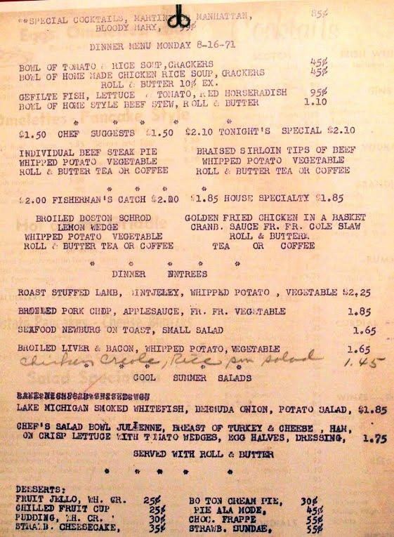 Typewritten list of various food items and prices