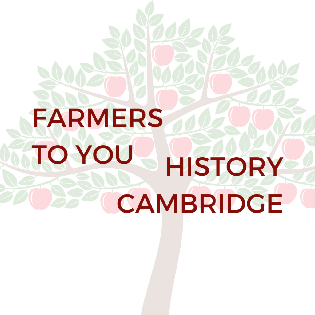Graphic of an apple tree overlaid with the text "Farmers to You History Cambridge"