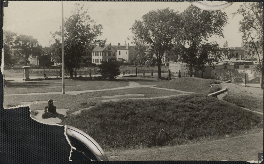 The flagpole at Fort Washington Park in December 1926 in an archival photo torn away at the lower left.