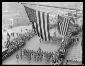 Massachusetts soldiers, including veterans from Cambridge, march in the state’s Armistice Day Parade on Nov. 11, 1929.