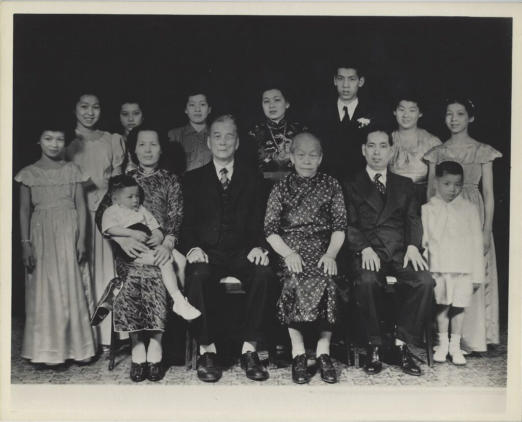 People of varying ages sitting and standing for a family portrait.