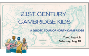 Graphic of four teens looking at a historic map of Cambridge