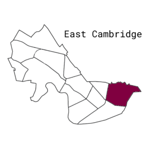 Map of City of Cambridge with neighborhoods outlined. East Cambridge is highlighted in purple