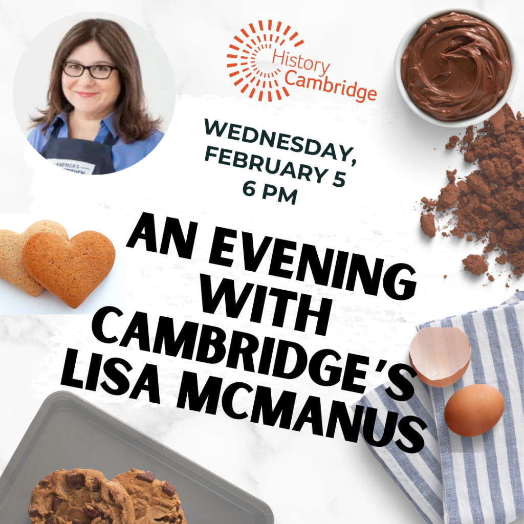 "An Evening with Cambridge's Lisa McManus" surrounded by various cooking materials