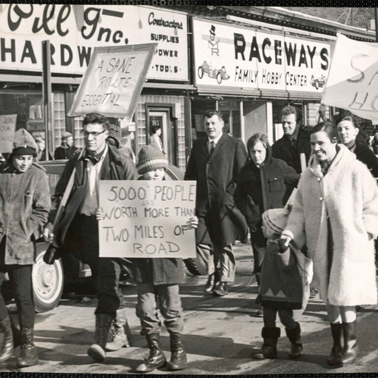 Community activists, including Antis Benfield, march to the State House to protest the Inner Belt in 1966.