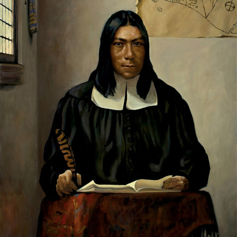 Caleb Cheeshahteaumuck was the first Native American to graduate from Harvard University. This portrait is by Stephen Coit, commissioned as part of the Harvard Foundation Portraiture Project, a diversity initiative.