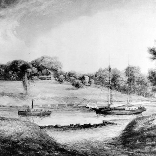 Boats on the Charles River off Cambridgeport in the early 19th century.