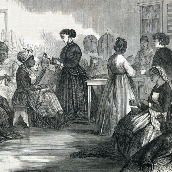 An artist’s impression of a Freedmen’s Bureau Industrial School in 1866.
