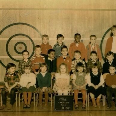 A Morse School kindergarten class picture with Louis Fenerlis in the back row next to his beloved teacher, Miss Toomey.