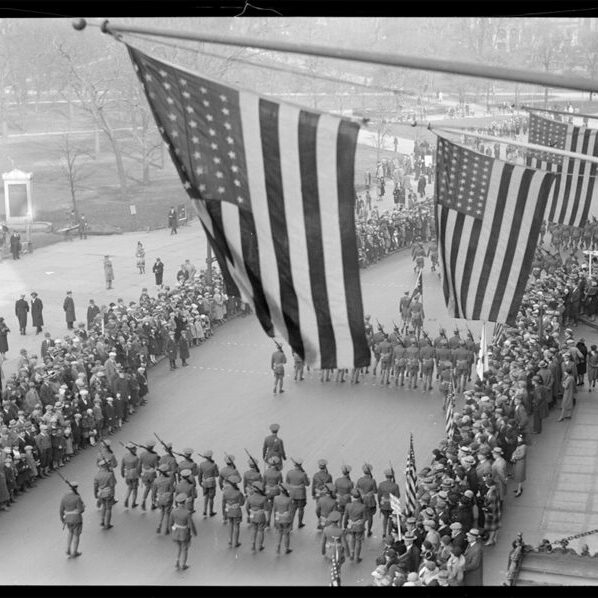 Massachusetts soldiers, including veterans from Cambridge, march in the state’s Armistice Day Parade on Nov. 11, 1929.