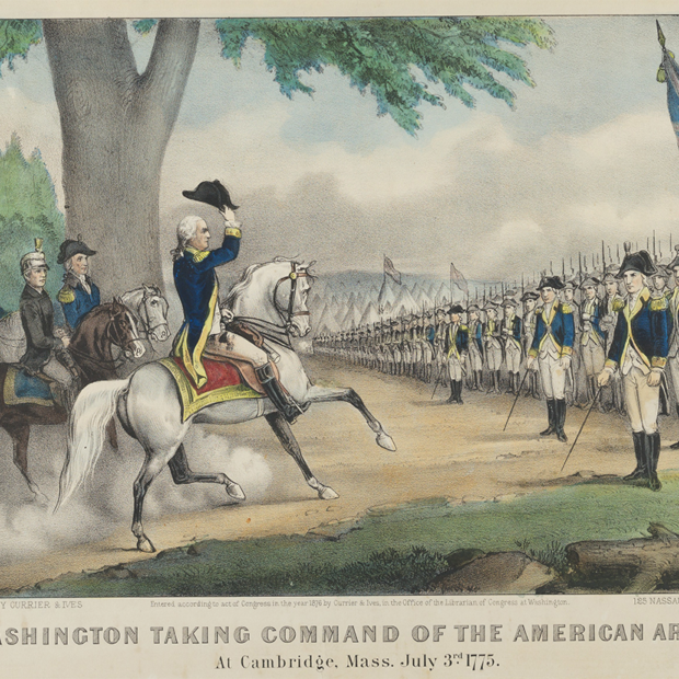“Washington Taking Command of the American Army,” an 1876 print by Currier and Ives.